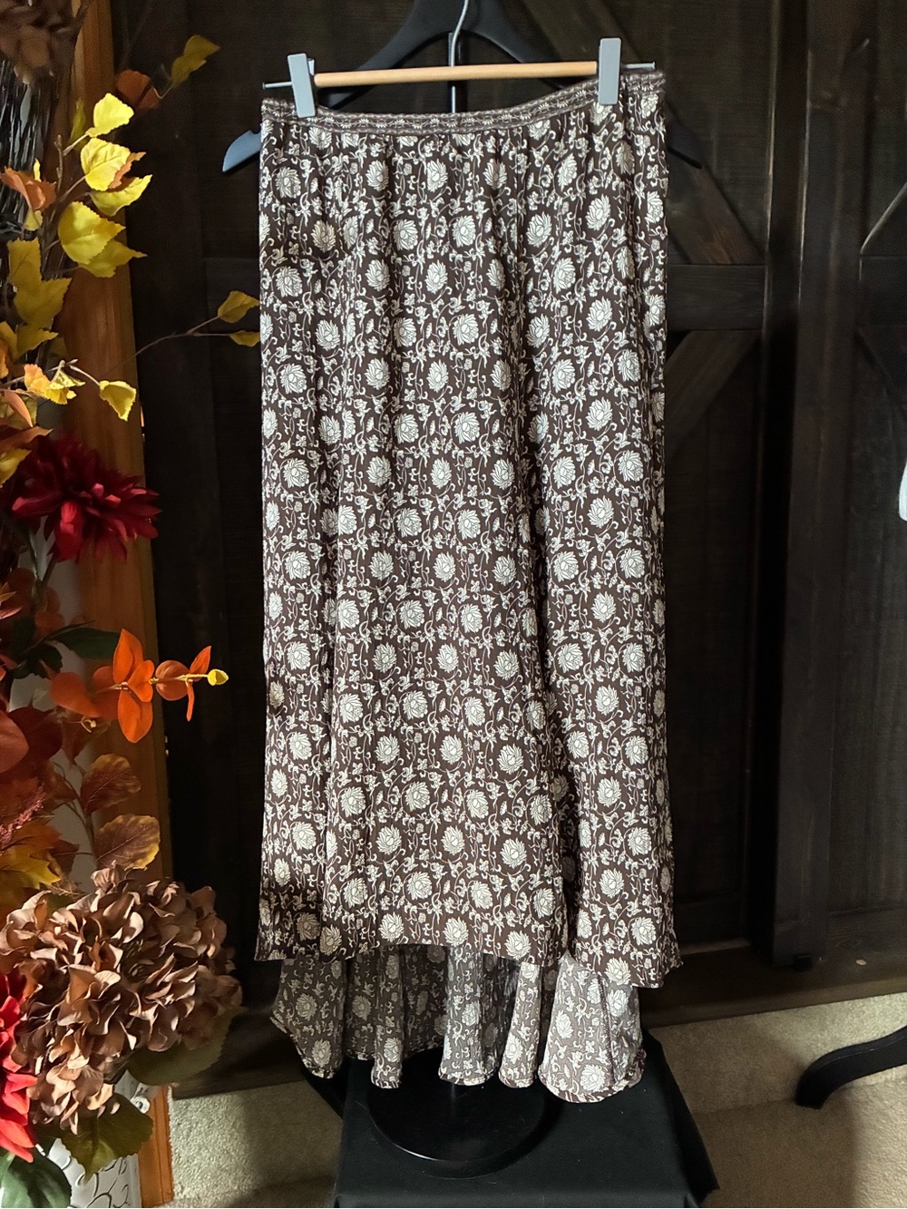 Max Studio Brown and Cream High-Low Floral Maxi Skirt Absolutely Gorgeous